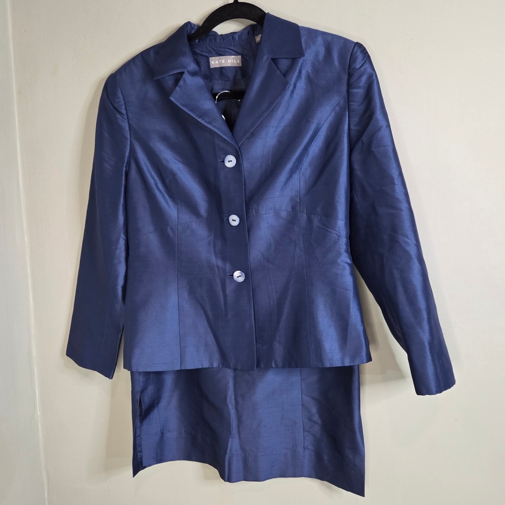 Kate Hill Silk Skirt Suit Navy Blue 2 Pc Blazer Midi Set Old Money 100% Silk